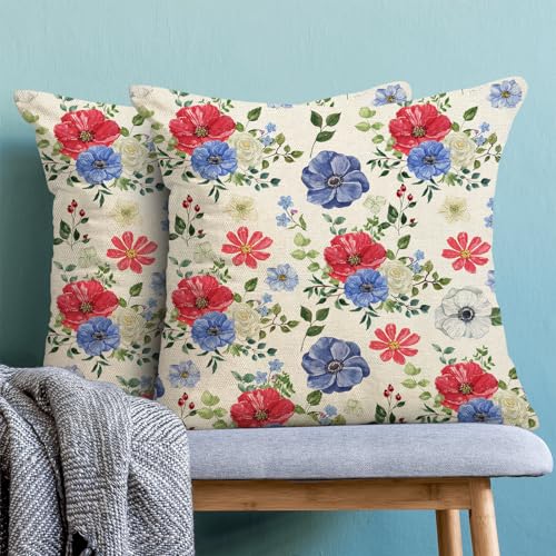 Boho Pillow Covers 18x18 Pack of 2,4th of July Blue Red Floral Throw Pillow Covers Independence Day Flower Decorative Pillowcase Farmhouse Linen Cushion Cover for Home Couch Sofa Outdoor Decor - color: Blue Red Floral-2, size: 18" x 18" (Pack of 2)