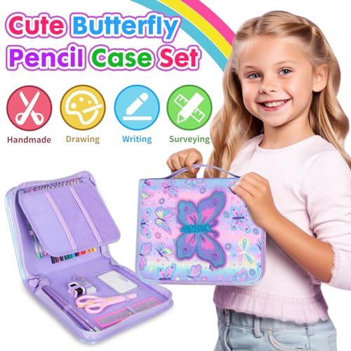 YOYTOO Washable Markers Set with Glitter Pencil Case, Art Supplies for Kids Ages 4-6-8, Arts Crafts Travel Coloring Kit for Girls 4 5 6 7 8 Year Old Birthday Gifts - color: Butterfly