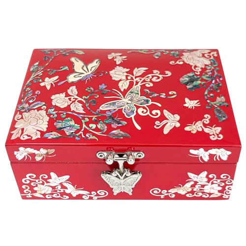 Mother of Pearl Jewelry Ring Necklace Mini Trinket Wooden Box - Inlay with Sea Shell Gifts for Women (Red) - color: Red