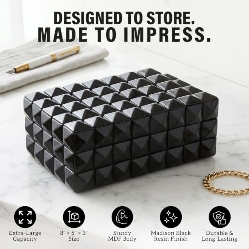 Perilla Home Large Decorative Storage Box – 8" x 5" x 3" – Black MDF with Madison Black Resin Finish – Wooden Keepsake Chest for Blankets, Crafts & Home Organization - color: Black