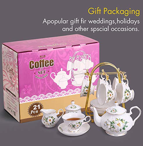 CHENP.HMC Porcelain Tea Cup Set 22-Piece Ceramic Coffee Tea Sets (Camellia) - color: White Green