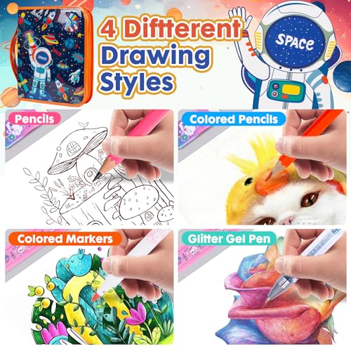 Washable Markers Set with Glitter Pencil Case, Art Supplies for Kids Ages 4-6-8, Arts Crafts Travel Coloring Kit for Boys 4 5 6 7 8 Year Old Birthday Gifts - color: Space