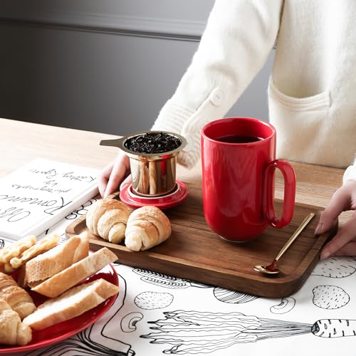 vicrays Ceramic Tea Mug Infuser - Large Cup 16 oz Hot Loose Steeping Handle Teacup with Leaf Infuser Spoon Lid - Tall Glazed Strainer Coffee Mug Microwave Safe - Red - color: Scarlet Red