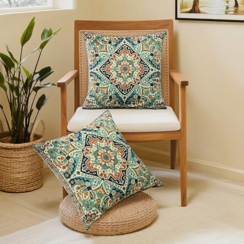 Boho Soft Velvet Throw Pillow Covers 18x18 in Vintage Moroccan - color: Blue, size: 18" x 18" (Pack of 2)