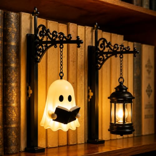 2PCS Library Lantern Decorative Bookshelf Lighting, Mini Bookshelf Lamp Mini Bookshelf Lamp Between Books for Hidden Display Portable Table Desk Luminaire for Home Library Study Reading Corner - color: Ghost+Wizard