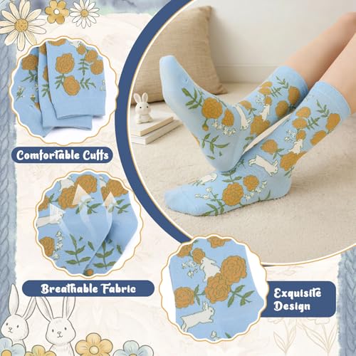 5/6 Pair Crew Socks for Women Floral Socks - color: Blue Yellow
