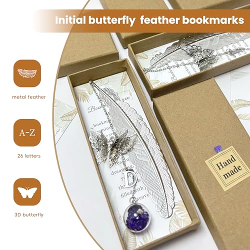 Letter Butterfly Metal Feather Bookmarks Gifts for Reading Women Book Lovers Unique Book Mark Birthday Mothers Day Valentines Christmas Gift for Teacher Mom Best Friend Coworkers Stocking Stuffers- A - style: Silver-A