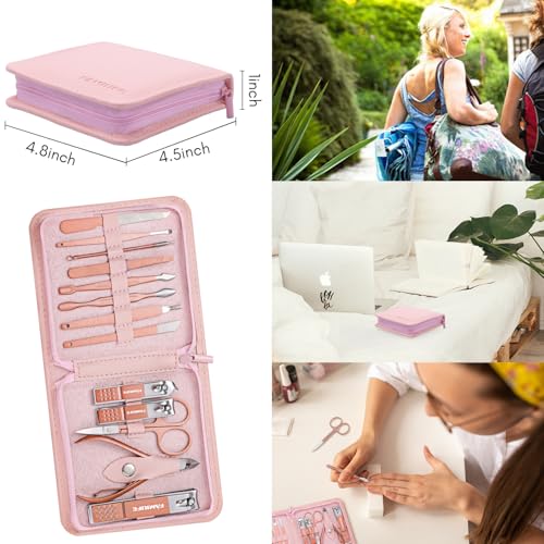 FAMILIFE Manicure Set, Professional Nail Kit Stainless Steel Nail Clipper Set, 13PCS Beauty Tools Manicure Kit Pedicure Tools, with Portable Pink Leather Travel Case for Her - color: Pink