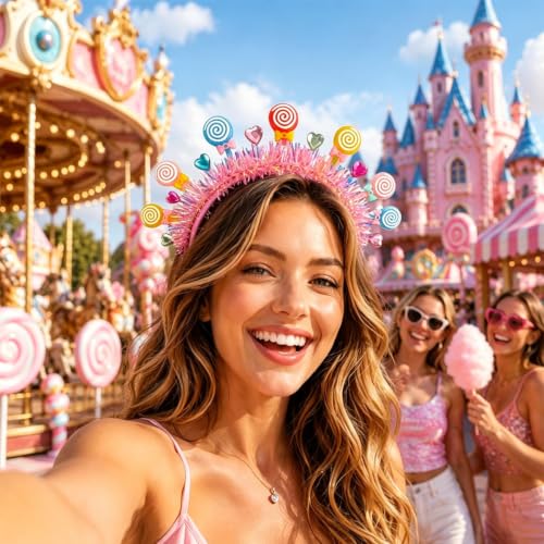 1 Pcs Candy Headband Lollipop Hairband with Pom Pom Bow, Rainbow Tinsel Hair Accessory for Christmas Costume Party Gift (Single-Layer)