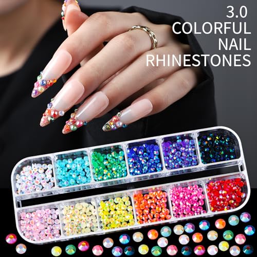 Teenitor Nail Charms Nail Gems with 15 Sheets Gold Nail Stickers, 6 Boxes of Rhinestones for Nails Art Tools, 3D Nail Decals Pearls for Nails - color: Multi-color