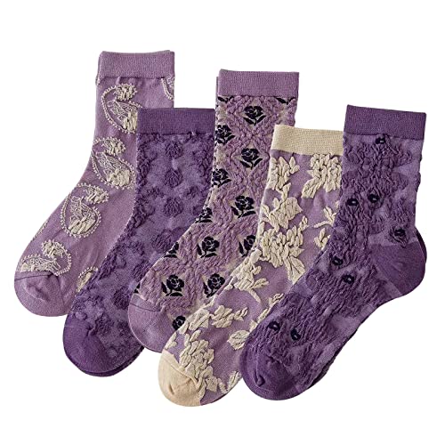 DXYAKY 5 Pairs Womens Floral Cotton Socks Vintage Patterned Crew Socks Novelty Ankle Ruffled Warm Casual Dress Socks - color: 5 Pairs - Purple