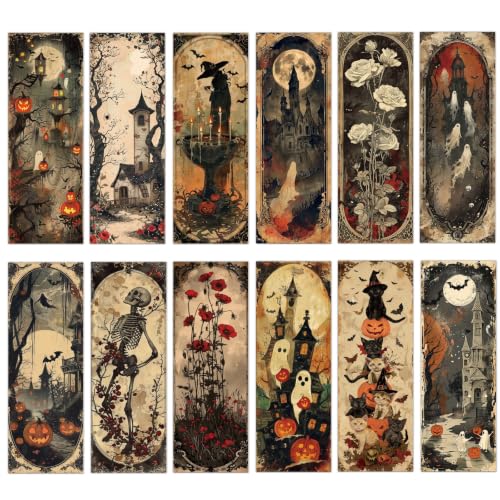 Vintage Halloween Bookmarks Gifts - 120 Pcs Retro Pumpkin Ghost Bookmark Paper Witch Black Cat Skull Bat Page Book Marks Spooky Favors for Women Men Office Book Lovers Holiday Party Supplies - color: Vintage Halloween