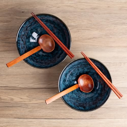 40oz Japanese Ceramic Ramen Bowl Set of 2 with Chopsticks and Spoons for Pho Udon Asian Soup Noodles (Nebula Blue) - color: Nebula Blue