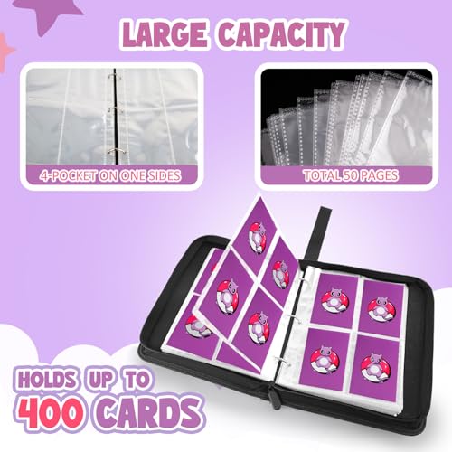 Premium Collectible Trading Card Albums，Card Binder Fits 400 Cards with 50 Removable Sleeves，Display Game Card Case book Holder, Purple Themes - color: Purple Super Dream