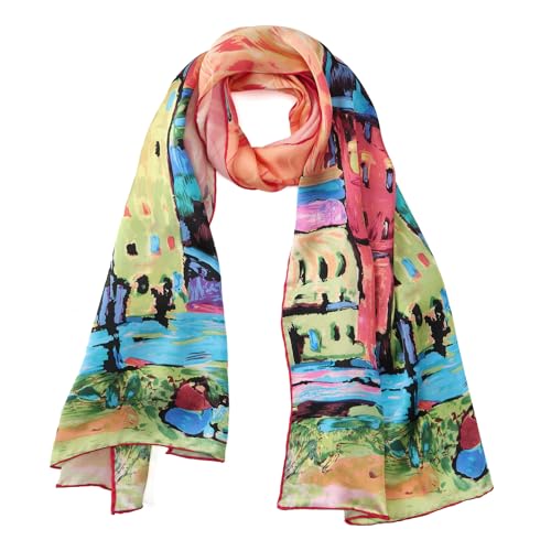 JWSilk Long Charmeuse Silk Scarf Classic Art Print - color: Houses in Munich By Kandinsky