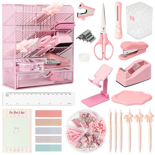 WATINC Pink Desk Organizer Accessories - 21pcs Aesthetic Office School Storage Supplies with Mesh Desk Organizer, Bow Pen Holder, Tape Dispenser, Ruler, Clip, Phone Stand Stationery Kit for Girl Women