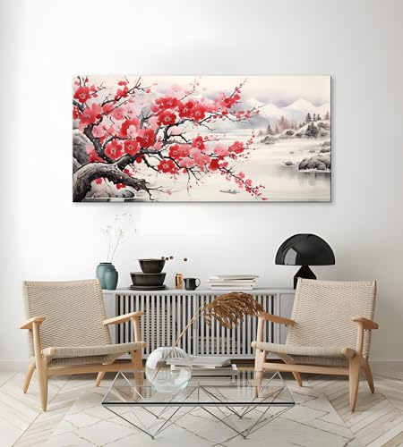 NAN Wind Asian Wall Art Traditional Chinese Painting Oriental Red Plum Blossom Canvas Pictures for Wall Decor Home decor for Living Room Cherry Blossom Decor Landscape Artwork Framed Ready to Hang - color: Red-One Piece, size: 24"L x 12"W
