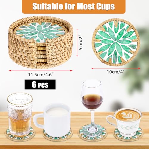 Boho Coastal Coasters Set of 6, Handmade Coasters with Holder, Green Leaf - style: Green Leaf