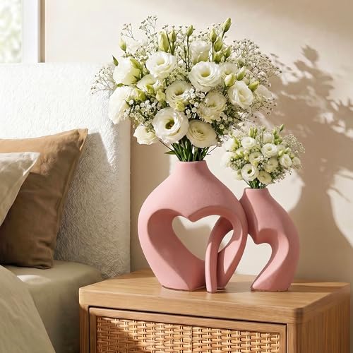 Ceramic Flower Vases Table Decor Heart Shaped Vase Set of 2 Pink - color: Pink
