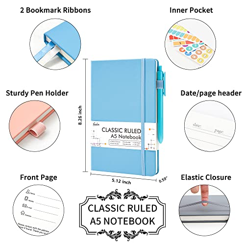 feela 5 Pack Notebooks Journals Bulk, Hardcover Classic Ruled Lined Journals with Pen Holder for Women Girls School Business Supplies, with 5 Black Pens, 120 GSM, 5.1”x8.3”, A5, Mild Colors - color: 5 Mild Colors