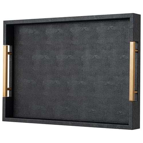 Black Faux Leather Large Square Tray with Handles – Decorative Serving for Coffee Table, Ottoman, Living Room & Bathroom - color: Black, size: 20" x 14" x 2"