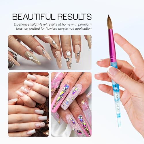 PANA USA Acrylic Nail Brush Pure Kolinsky Hair Acrylic White Swirl Blue Handle with Pink Ferrule Round Shaped - Size 10 - color: White Swirl Blue, size: Size 10