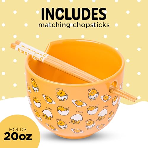 Silver Buffalo Sanrio Gudetama Yellow Egg, Ramen Bowl with Chopsticks, 20oz - color: Gudetama I Can't, size: 20 Ounces (No Spoon)