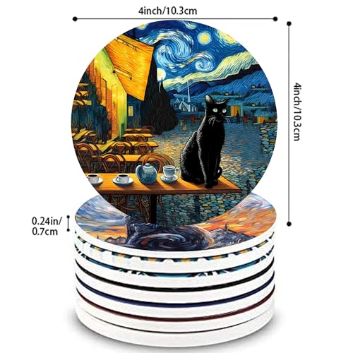 4inch Round Fun cat-Themed Marble Coaster with Storage Rack 8pcs - color: Cat Coasters