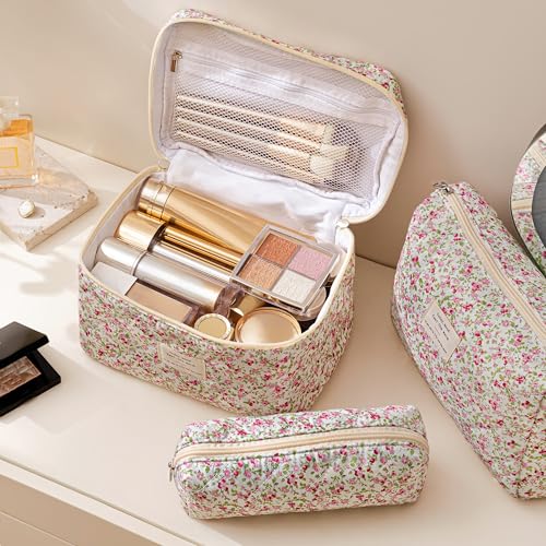 HBselect Quilted Makeup Bag, 3Pcs Cotton Large Travel Makeup Bags Organizer - color: A-3PCS-Floral 19