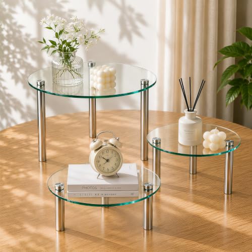 Set of 3 Tempered Glass Display Stands, 9'' 11'' 13'' Round Display Shelves - size: Round