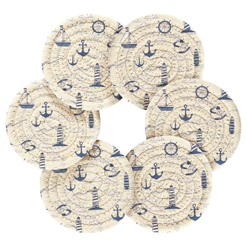 Nautical Lighthouses Drink Coasters Set - 6 Pcs Minimalist Woven Coasters with Holder for Home Decor, 3.94 Inch Absorbent Coasters for Drinks - color: I278