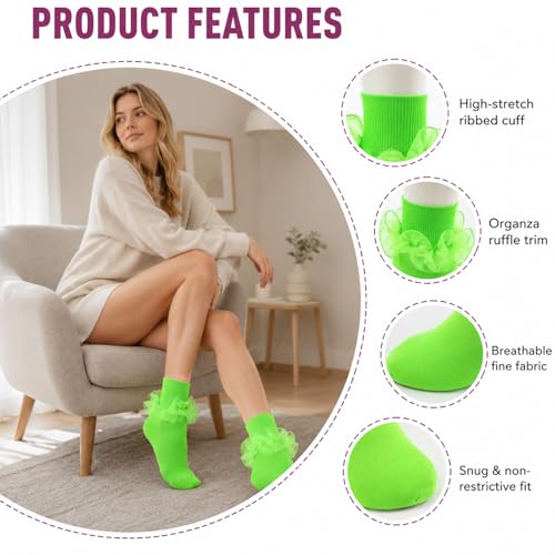 Big Ruffle Socks Women(Size 5-11) Turn Cuff Cotton Lace Frilly Socks - color: Green,blue,rose Red,beige, size: 9-11
