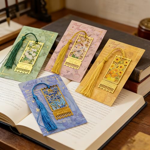 4 Pack Metal Bookmarks with Tassel, Oil Painting Style Decorative Bookmarks, Reading Page Markers for Book Lovers, Readers, Writers, Students, Adults, Men & Women - style: 4Pcs Letter