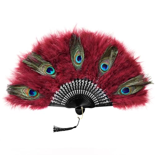 BABEYOND 1920s Marabou Feather Folding Hand Fan Vintage Wedding Party Decor - color: Peacock Dark Red