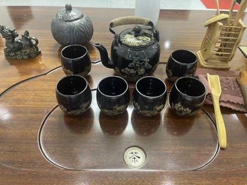 Gift Set Japanese Tea Set, Asian Black Glazed Ceramic Tea Set - Contains 1 Teapot, 1 Tea Strainer and 6 Teacups. Ideal for Home, Outdoor, Office (Black2) - color: Black2