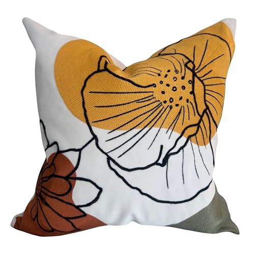 AYAY Decorative Velvet Throw Pillow Cover 18x18 Inch – Beige with Yellow, Rust & Olive Embroidered Floral Design, Earthy Boho Accent Cushion, Hidden Zipper, Cover Only - color: Earthy Floral Yellow and Olive