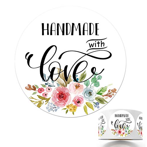 Floral Handmade Stickers, 1.4 Inch Round, 500 Labels per Roll (1 Roll), Adhesive Labels