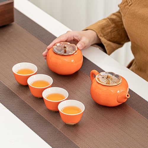 Portable Gongfu Ceramic Tea Set - Beautiful Persimmon-Shaped Chinese Tea Set with Teapot, Tea Can & 4 Cups, Gift Boxed