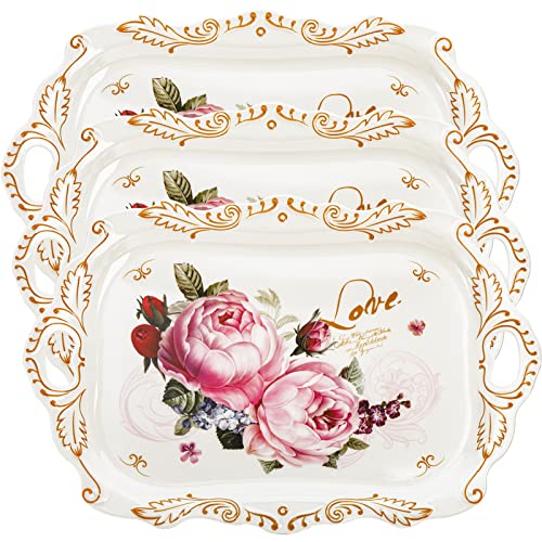 DEAYOU 3-Pack Melamine Serving Tray, Stackable Food Tray with Handles for Eating, Unbreakable Large Serving Platter with Floral Print for Gift, Party, Decor, Home, Restaurant, 16"L x 11"W, Rectangle