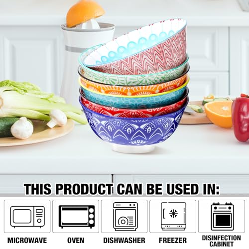 FillTouch 6 Pack 24 oz Ceramic Bowl Set Ceramic Dessert Bowls for Kitchen Serving Dishes Soup Salad Pasta Ramen Cereal Rice Colorful Design Microwave and Dishwasher Safe, 6.25''