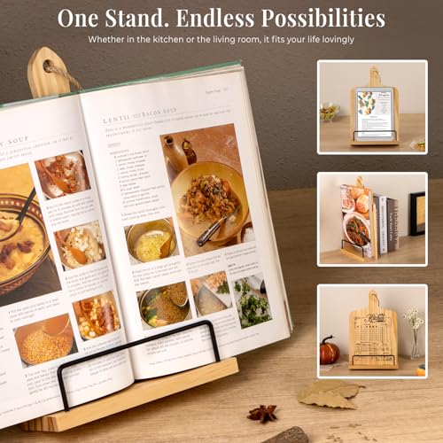 PUERSI Cook Book Stand for Kitchen Counter, Wooden Recipe Book Holder - color: Brown
