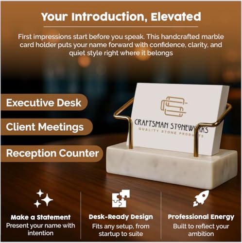 White Marble Card Holder – Gold Wire Desk Stand - color: White Marble