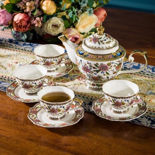 ACMLIFE Fine Bone China Tea Set, 13-Piece English Tea Set for Adults, Afternoon Tea Sets for Women Tea Party or Gift Giving, Pink and Gold - color: Pink and Gold