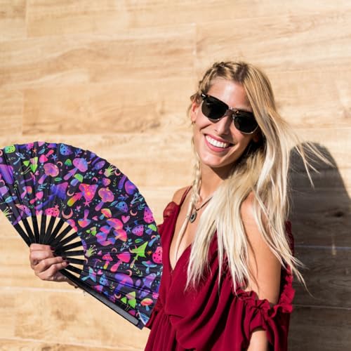 Large UV Glow Rave Fan, Line Dance Clap Folding Fan Clack Folding Hand Fan for Dancing, Halloween, Music Festival, Club, Dance, Party(Small Mushrooms) - color: Small Mushrooms
