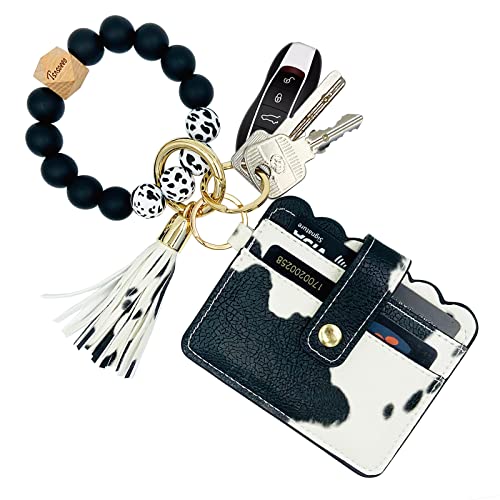 Keychain Wallet Wristlet Small Credit Card Holder Bracelet Key Chain Purse Bangle Tassel Beads Key Rings for Women - color: 01-cow