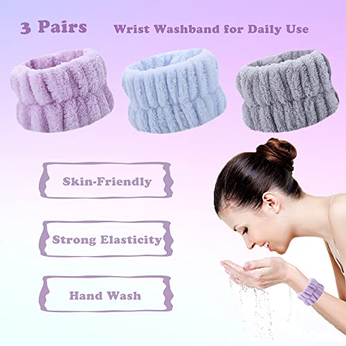6 Pcs Wrist Spa Washband Microfiber Wrist Wash Towel Band Wristband Scrunchies for Washing Face - color: Grey+ Purple+Blue