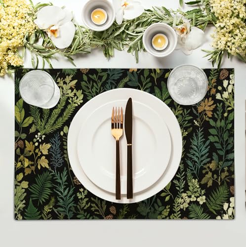 Black Sage Green Plant Placemats Set of 4 Vintage Botanic Fern Leaves Herb Floral Place Mats Rustic Farmhouse Linen Fabric Table Mats for Party Kitchen Dining Outdoor Indoor Decor - color: Black Sage Green Plant