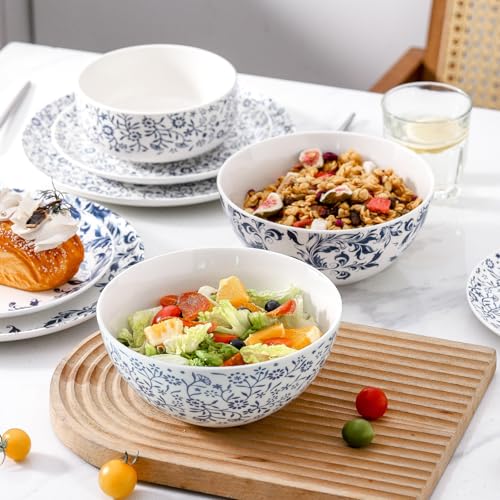 Large Soup Bowls Set of 4 Japanese Blue Ceramic Bowls for Cereal Ramen - color: 4PC white and blue