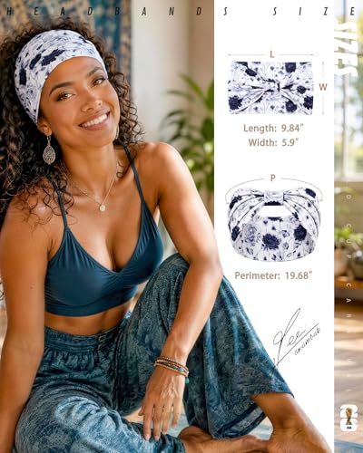 Awumbuk Wide Headbands for Women Knotted Non Slip, Soft Moisture Wicking Head Bands for Workout Sports Yoga 8 Pack - color: Ink flower white