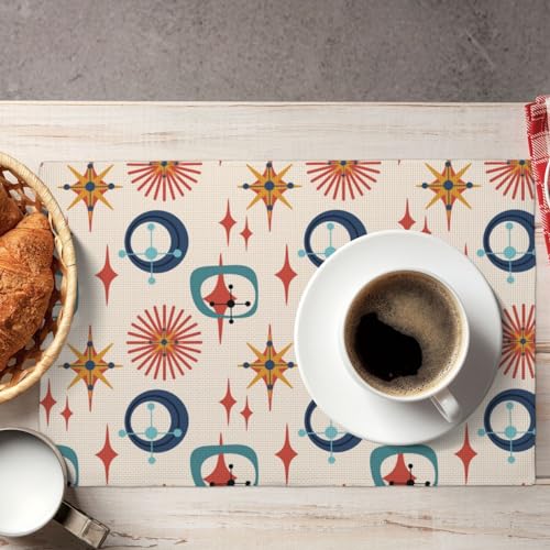 Mid Century Modern Place Mats Set of 4 Abstract Style Colorful Geometric Atomic Star Linen Placemats for Kitchen Dining Room Holiday Washable Quick Dry - color: Atomic-1, size: 12x18"Placemats x4